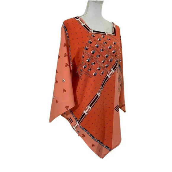 Peach and Orange 70s Top Geometric Retro Pointed Hem Flared Sleeves Boho Hippie - Picture 2 of 11